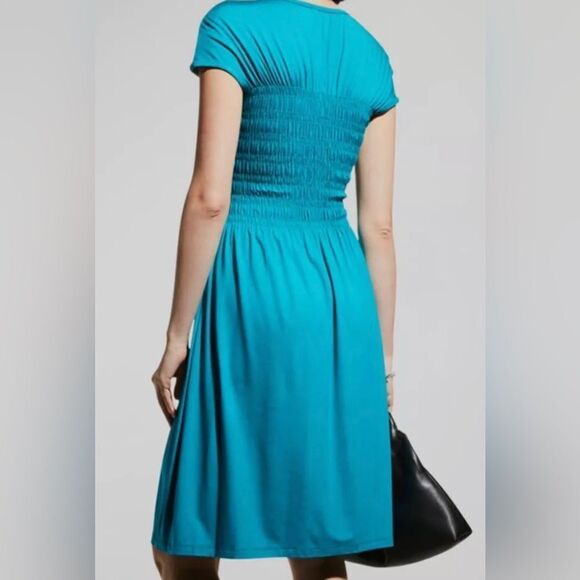Trina Turk Small Blue Entertain Smocked Knee-Length Dress - Picture 2 of 10